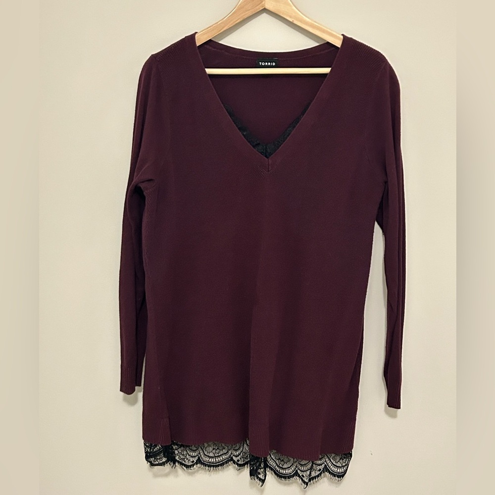 Torrid Burgundy V-Neck Lace Tunic - Picture 2 of 7